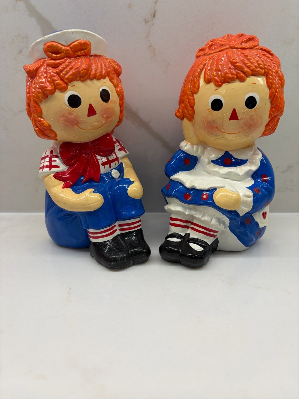 Vintage Schmid Raggedy Ann and Andy Doll Ceramic Shelf Sitter Book Ends 1981